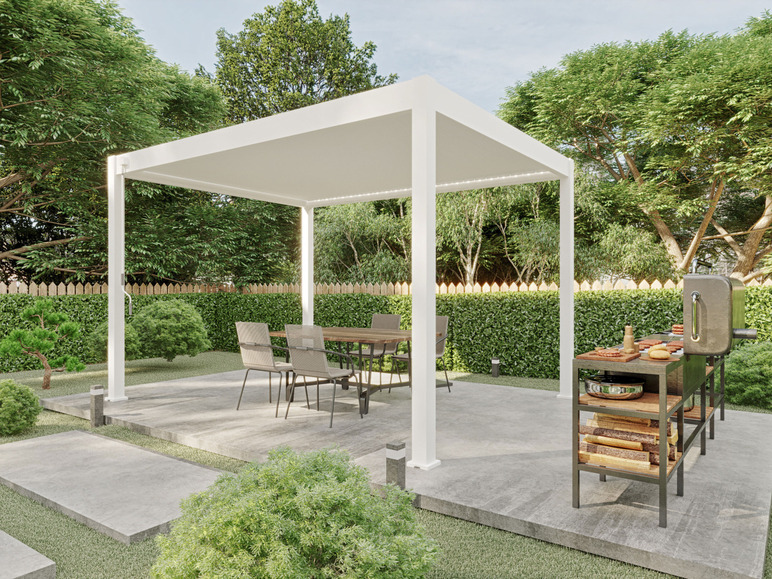 Ein weißer Gartenpavillon mit Esstisch und Stühlen und einem Grill mit einem Holzregal.