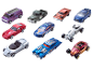 Auswahl von zehn bunten Spielzeugautos in verschiedenen Stilen.