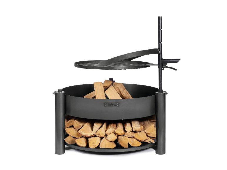 Schwarze Feuerschale mit Holzablage und verstellbarem Grillrost.