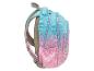 Rosa-blauer Ombré-Rucksack mit Katzenmuster, mehreren Reißverschlüssen und gepolsterten Trägern.