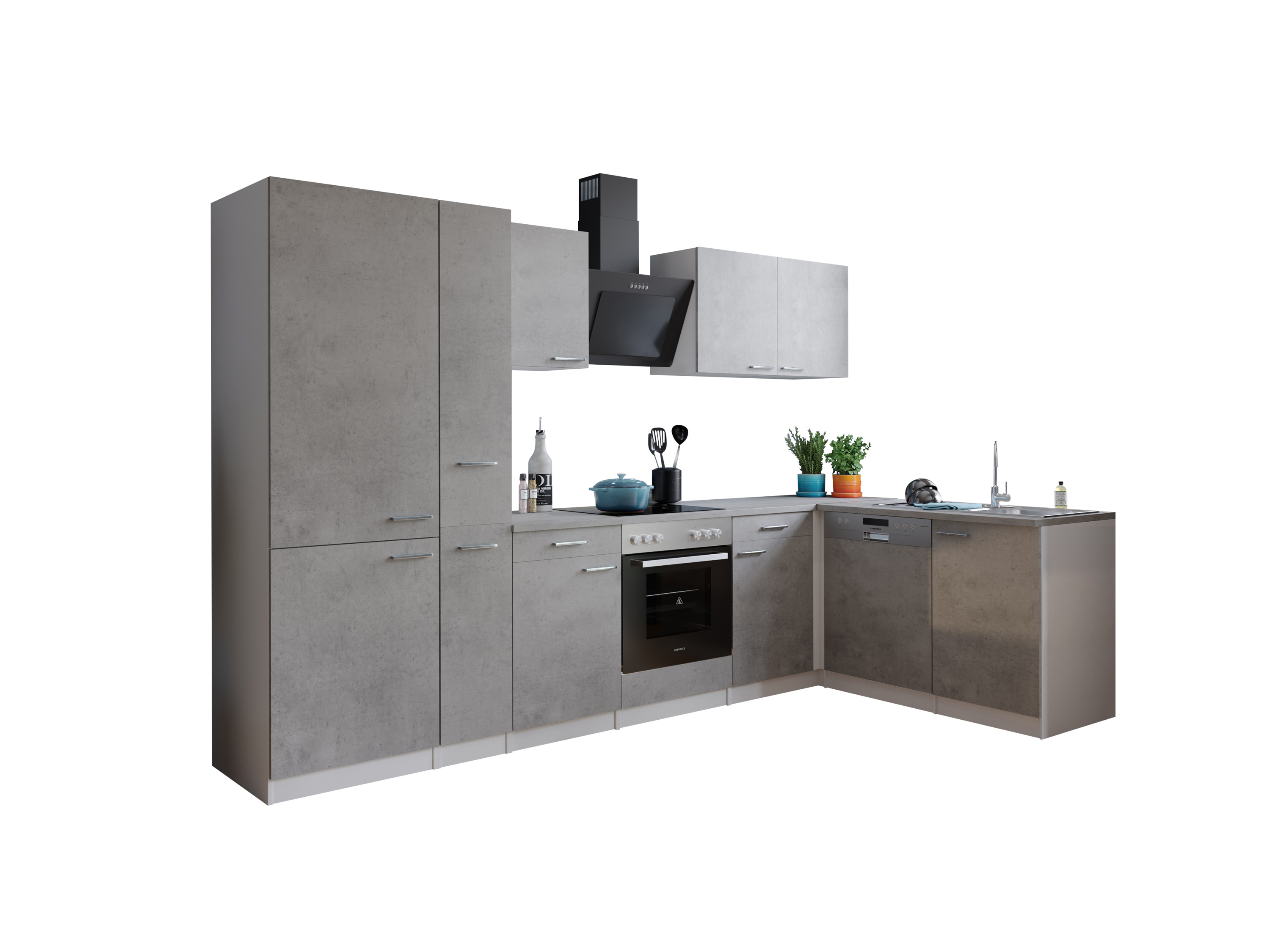 RESPEKTA Malia Winkelküche (GlaskerKochf., KühlKombi, GSP, Beton, 310 x 172 cm)