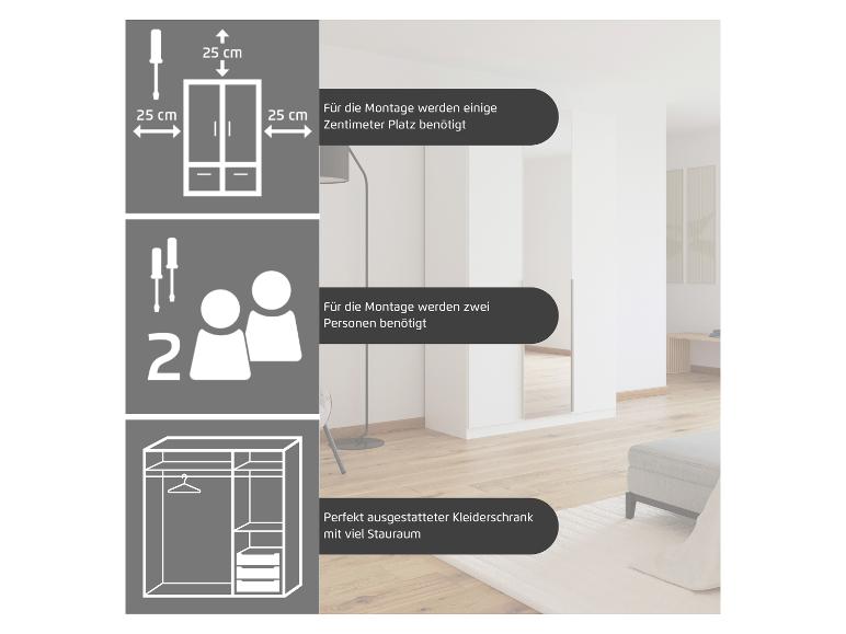 Kleiderschrank-Montageanleitung: benötigt 25 cm Platz, 2 Personen und bietet viel Stauraum.