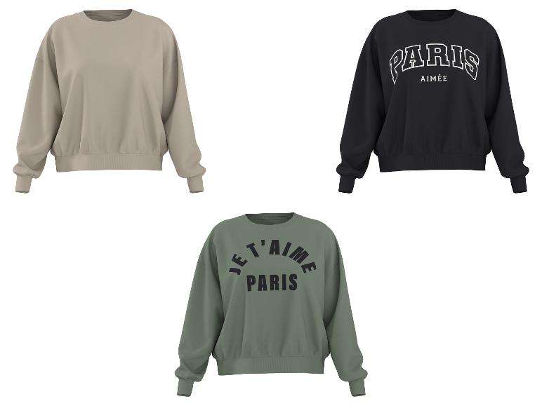 Langarm-Sweatshirts in Beige, Schwarz mit „PARIS AIMÉE“ und Grün mit „JE T'AIME PARIS“.