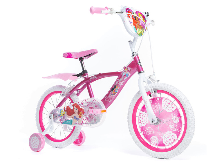 Ein rosafarbenes Kinderfahrrad mit Ariel von Disney und Stützrädern.