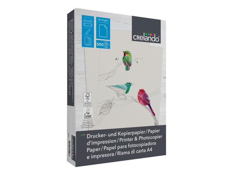 Packung A4-Papier 75 g/m² mit 500 Blatt, mit farbigem Vogeldesign.