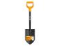 Schwarze Schaufel mit orangefarbenem D-Griff und Produktinformationen.