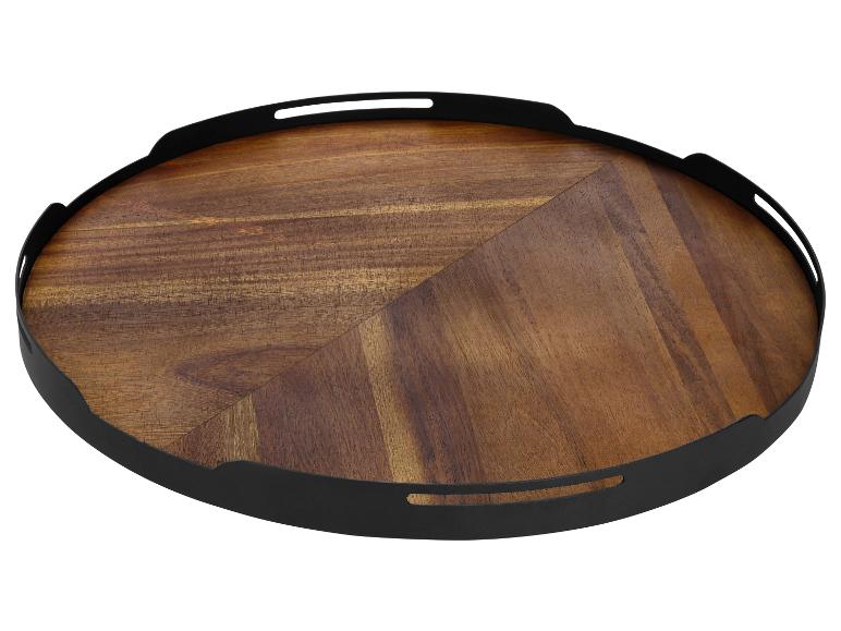 Rundes Holztablett mit schwarzem Metallrand und Griffen