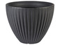Ein großer, dunkelgrauer Blumentopf mit geriffelter Textur.