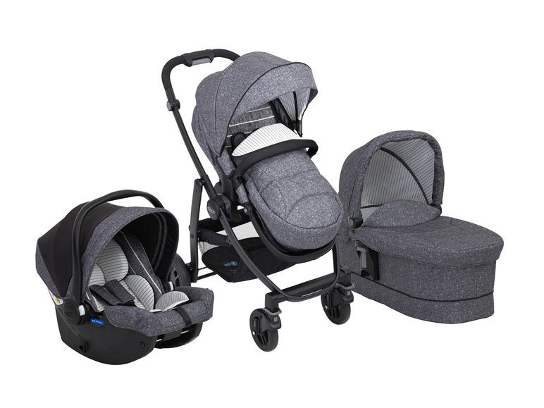 Ein grauer Kinderwagen, ein Autositz und eine Babywanne.