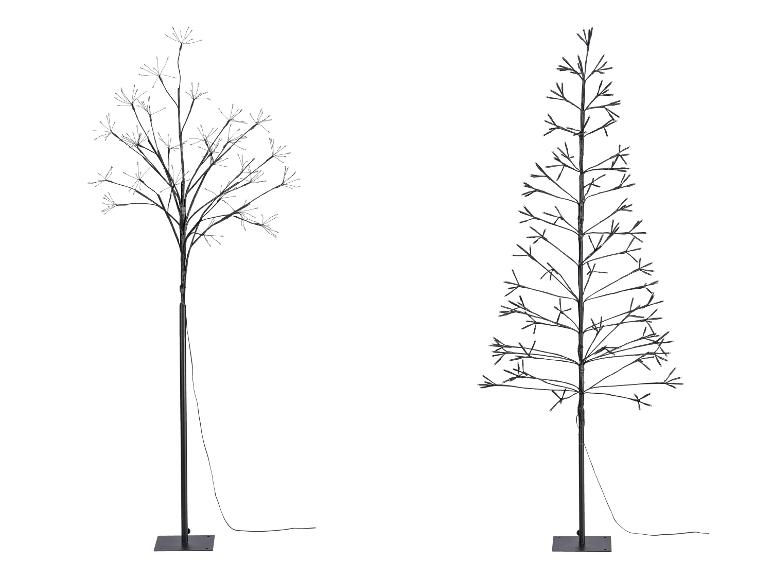 Zwei dekorative LED-Bäume, einer mit spärlichem, verzweigtem Design und der andere konisch.