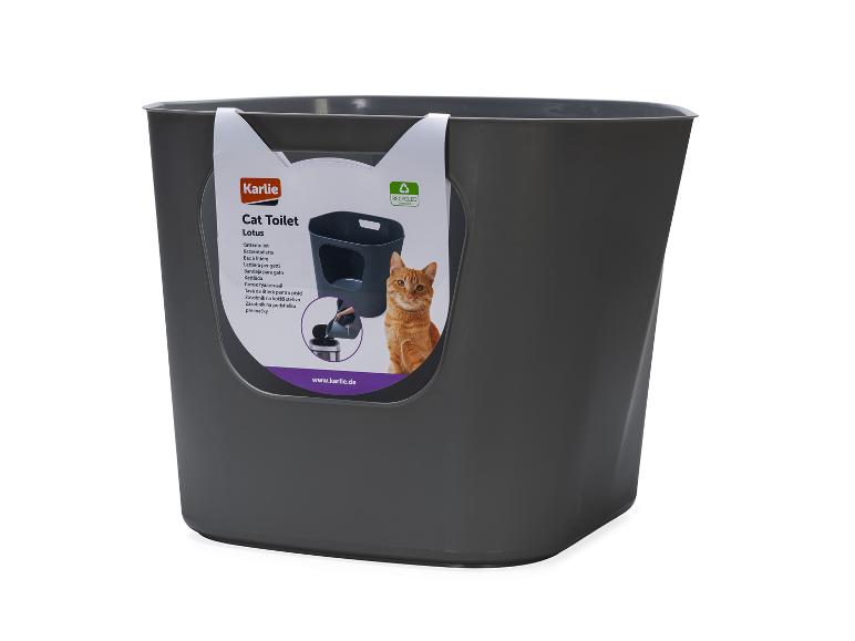 Graues Katzenklo mit Etikett, das eine Katze und das Produkt zeigt.