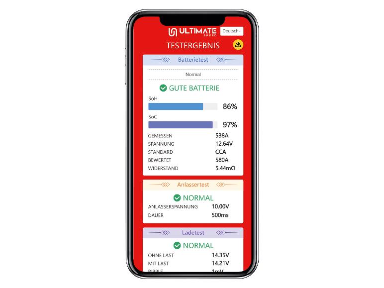 Anzeige der Batterie- und Ladetestergebnisse auf einem Smartphone.