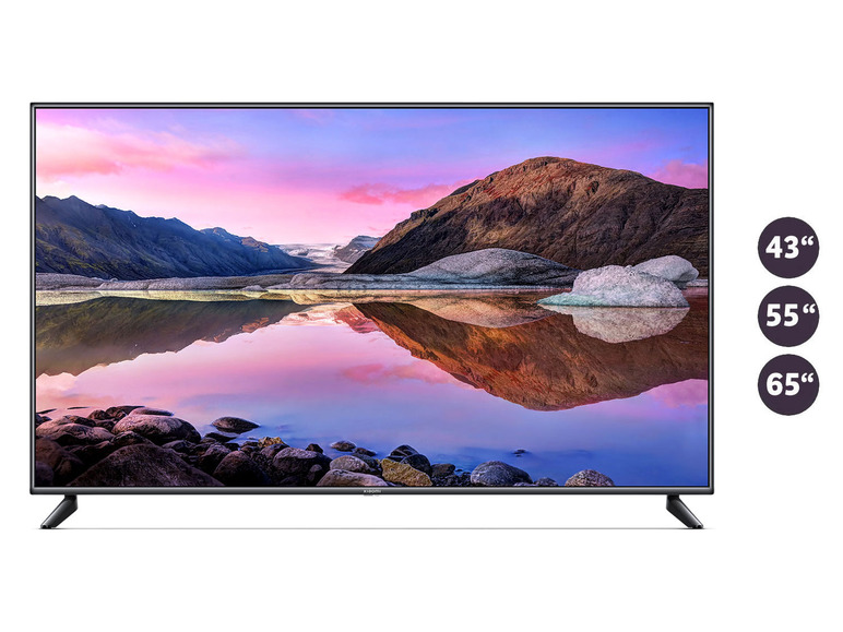 Ein Xiaomi Fernseher mit einer Berglandschaft im Hintergrund, verfügbar in 43', 55' und 65'.