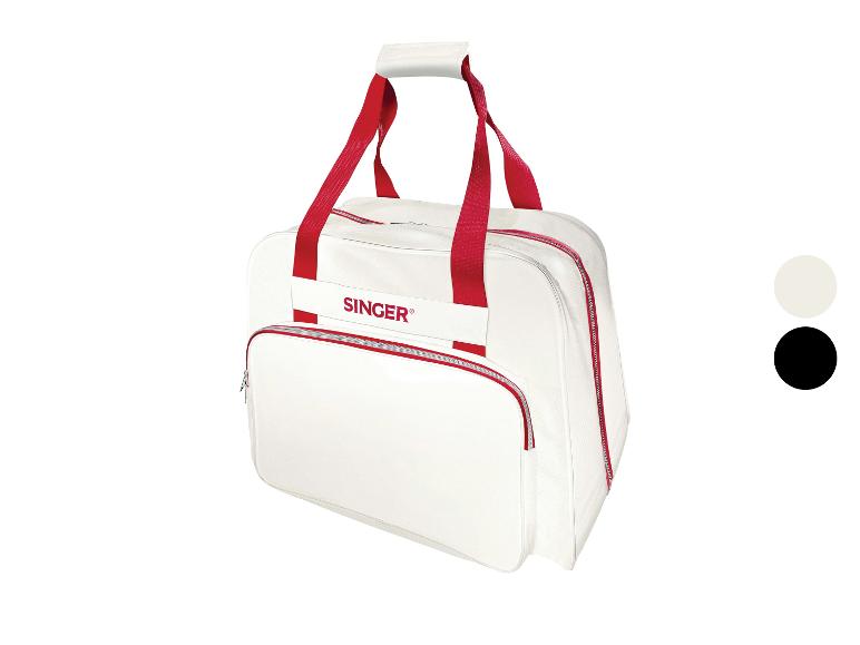 Weiße SINGER® Tasche mit roten Griffen und Reißverschlüssen