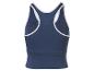 Dunkelblaues Sporttop mit weißen Rändern, Rückansicht.