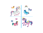 Vier Sets Einhorn- und Regenbogenperlen in verschiedenen Farben.