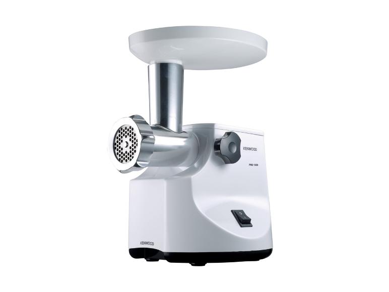 Ein weißer Kenwood Fleischwolf mit Metallakzenten auf weißem Hintergrund.
