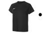 Schwarzes kurzärmeliges Sport-T-Shirt mit weißem Logo auf der Brust.