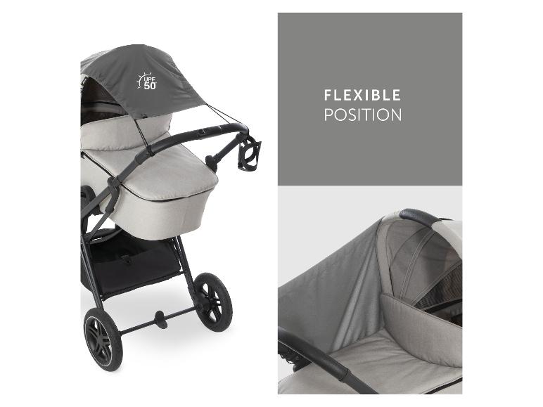 Grauer Kinderwagen mit UPF 50+ Verdeck und flexibler Position.