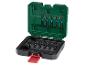 Ein Satz Schraubendreherbits in einem grünen Koffer.