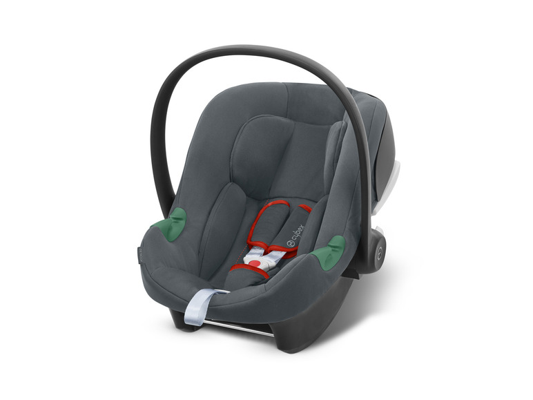 Ein grauer Cybex Aton B2 Babyautositz mit rotem Gurt.