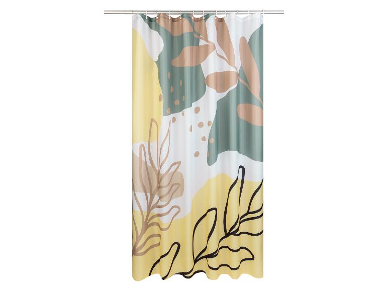 Ein Duschvorhang mit abstraktem, botanischem Design in Gelb-, Grün- und Beigetönen.