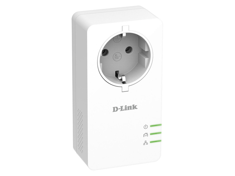 Weiße D-Link Steckdose mit einem Stecker.
