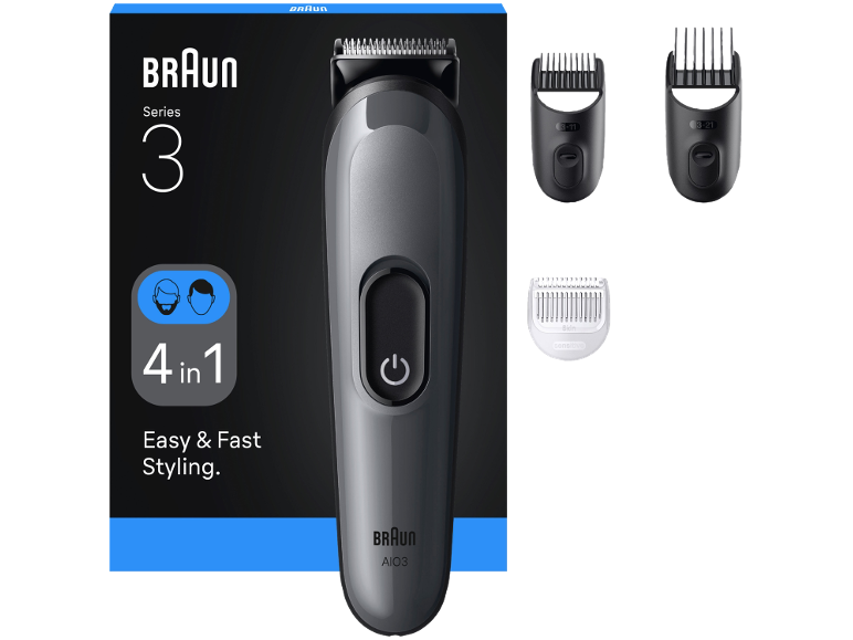 4-in-1 Trimmer mit drei Kammaufsätzen für einfaches und schnelles Styling.