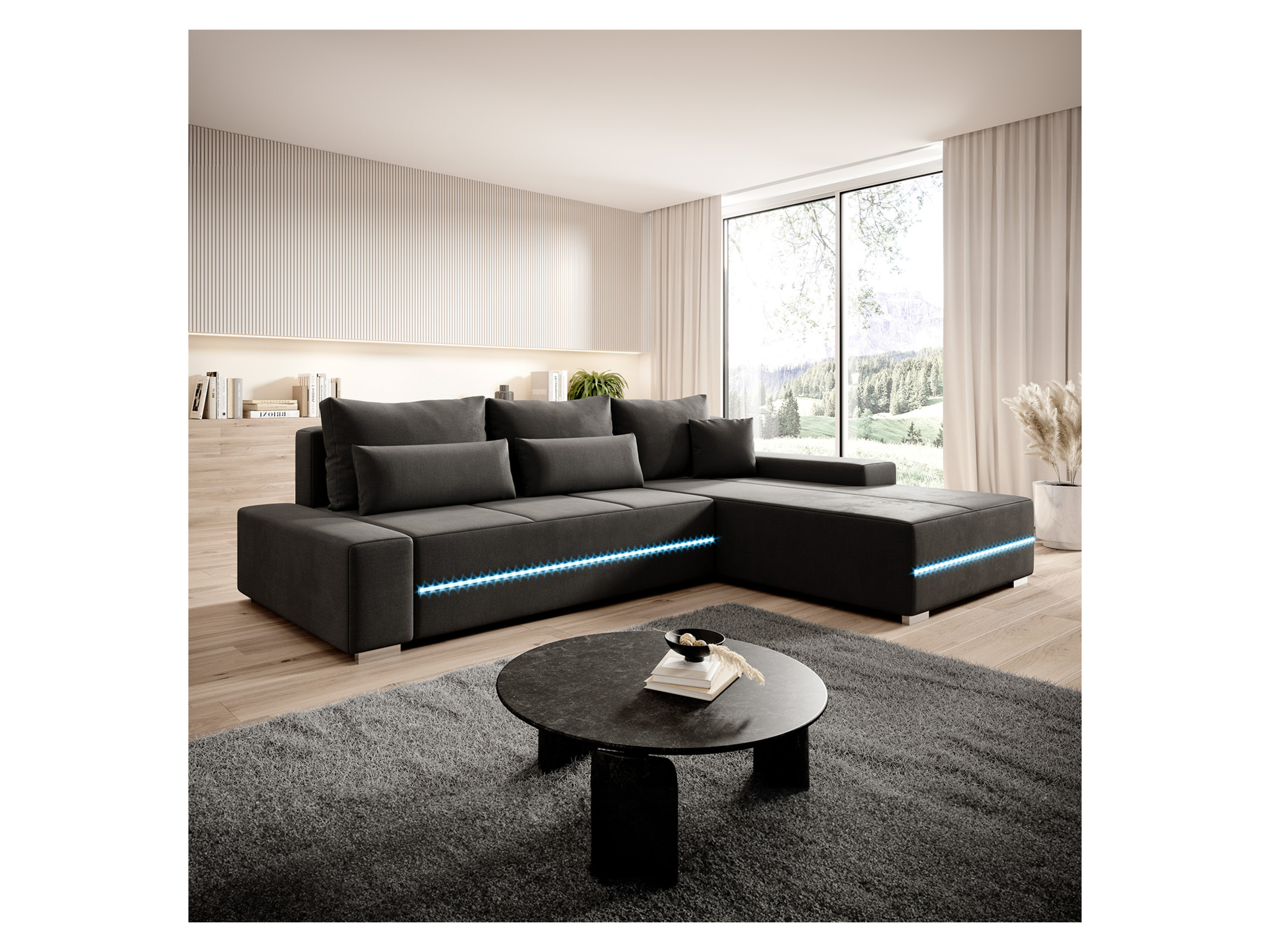 Thumbnail - Juskys Davos Sofa LED mit Ottomane Schlaffunktion (Rechts, Dunkelgrau)