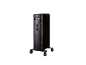 Schwarzer Ölradiator mit Rollen und Drehreglern.
