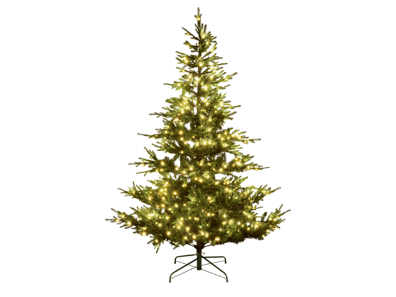 Künstlicher Weihnachtsbaum mit warmweißen LED-Lichtern auf schwarzem Hintergrund.
