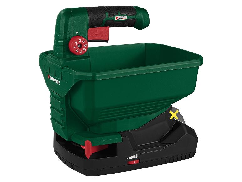 Grüner Parkside X 20 V Team Akku-Handstreuer.