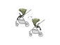 Grüner Kinderwagen mit umkehrbarem Sitz, der zwei verschiedene Positionen zeigt.