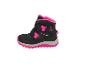 Schwarze und pinke wasserdichte Kinder-Winterstiefel mit Klettverschlüssen und Schneeflockenmotiv.