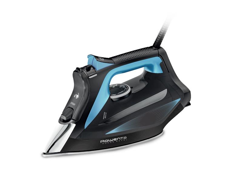 Schwarzes und blaues Rowenta Focus Excel Bügeleisen mit Sprüh- und Dampffunktion.