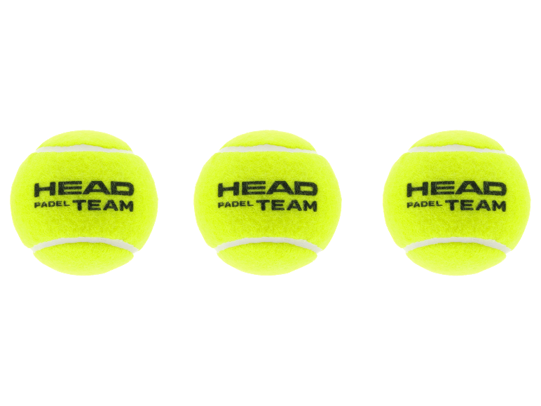 Drei gelbe Padelbälle mit der Aufschrift „HEAD PADEL TEAM“ auf schwarzem Hintergrund.