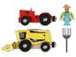 Ein roter Traktor, ein gelber Mähdrescher und eine Bauernfigur.