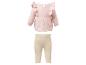 Baby-Outfit mit einem rosa Langarm-Rüschentop und beigen gerippten Leggings.