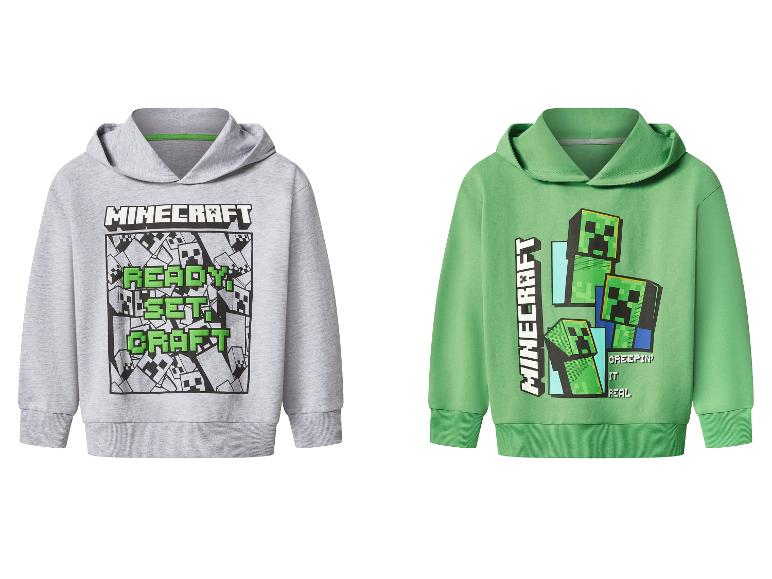 Zwei Minecraft Kinder-Hoodies: ein grauer mit „READY SET CRAFT“-Schriftzug und ein grüner mit Creepern.