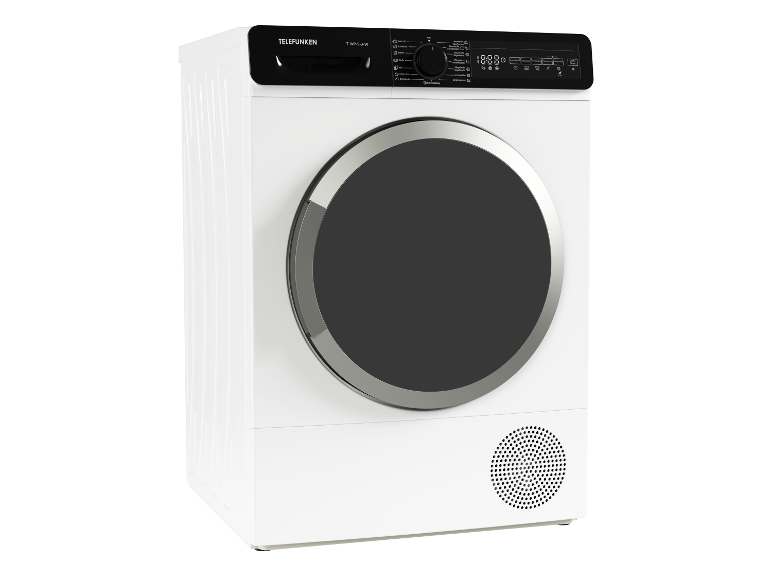 Weiße Telefunken Wäschetrockner mit schwarzer Tür.