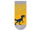 Gelbe Socken mit einem Dinosaurier und dem Schriftzug 'RP02 BLUE'.