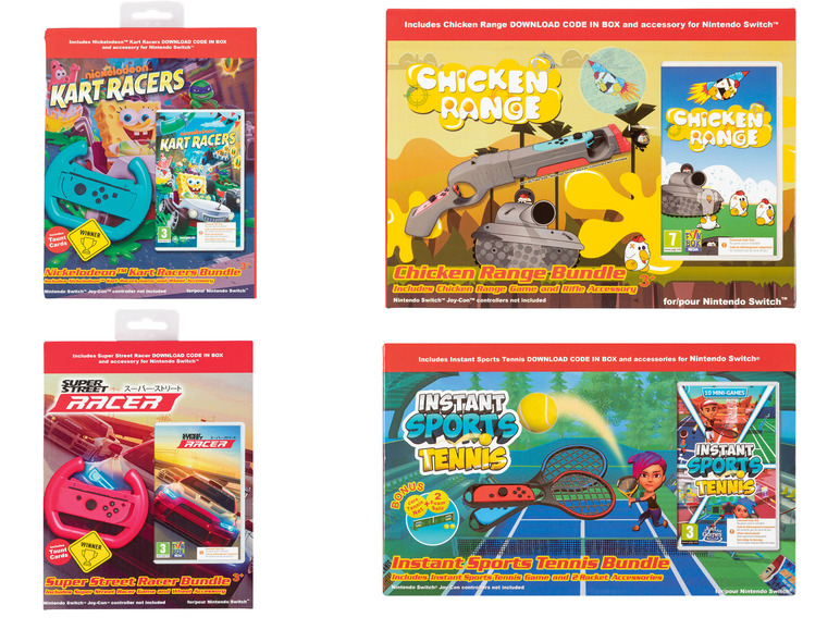 Nintendo Switch Bundles mit den Spielen Nickelodeon Kart Racers, Chicken Range, Super Street Racer und Instant Sports Tennis.