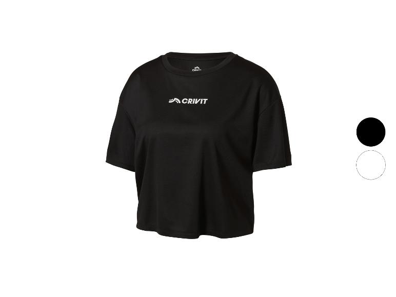 Schwarzes Damen-Sport-T-Shirt mit kurzen Ärmeln und weißem Logo.