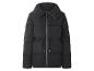 Schwarze Steppjacke mit Reißverschluss, hohem Kragen und Kordelzug in der Taille.