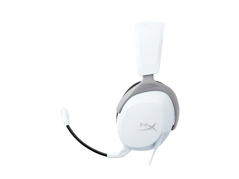 Weißes Gaming-Headset mit Mikrofon und grauen Akzenten.