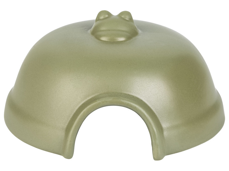 Ein grüner Unterschlupf für Reptilien mit einer Froschfigur.