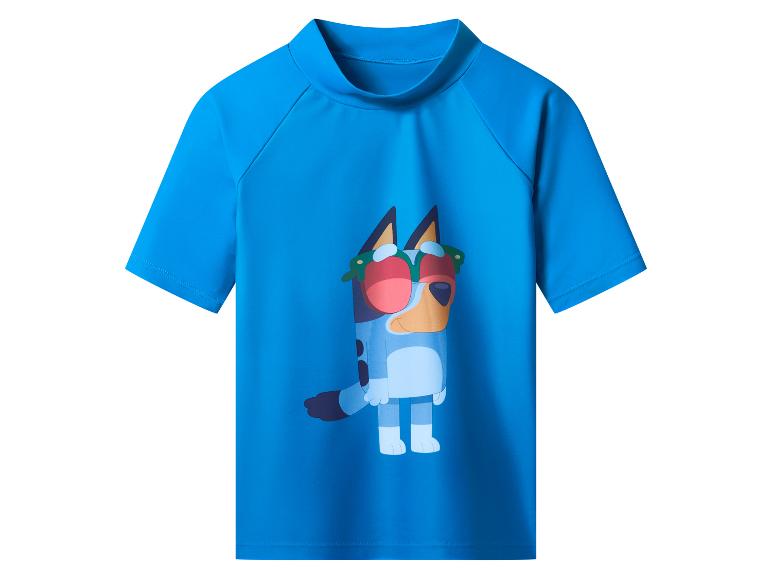 Blaues Kinder-T-Shirt mit kurzen Ärmeln und einem Hundemotiv mit Brille.