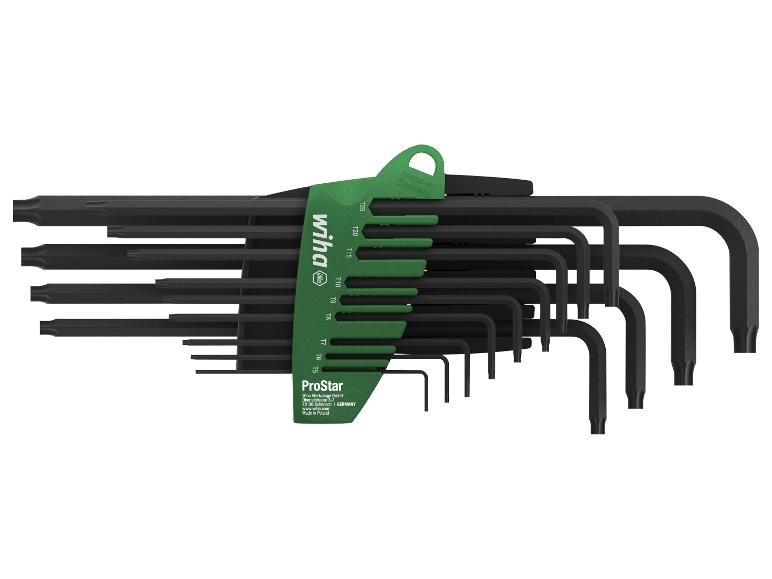 Satz schwarzer L-förmiger Torx-Schlüssel mit grünem Halter, Größen T5 bis T25.