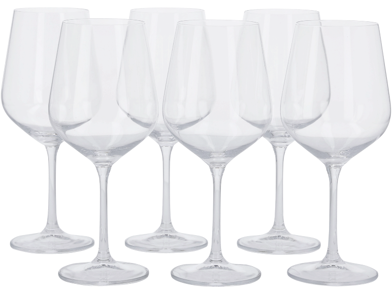 Sechs elegante, klare Weingläser aus Glas, in zwei Reihen vor schwarzem Hintergrund angeordnet.