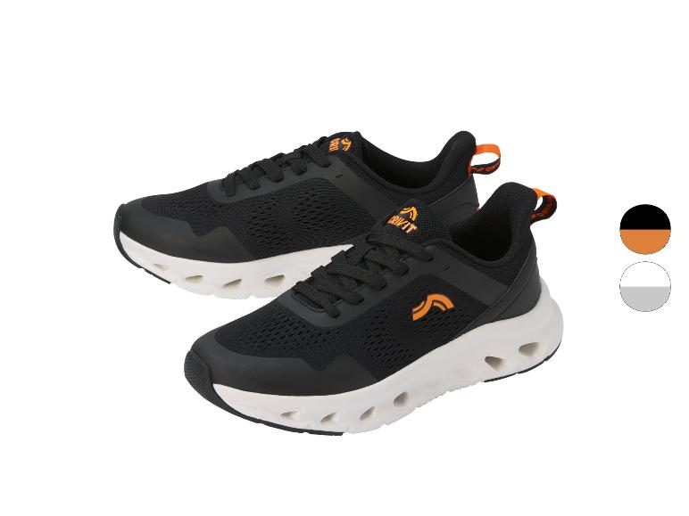 Schwarze Sportschuhe mit orangefarbenen Details und weißer Sohle, mit einer grauen Farboption.